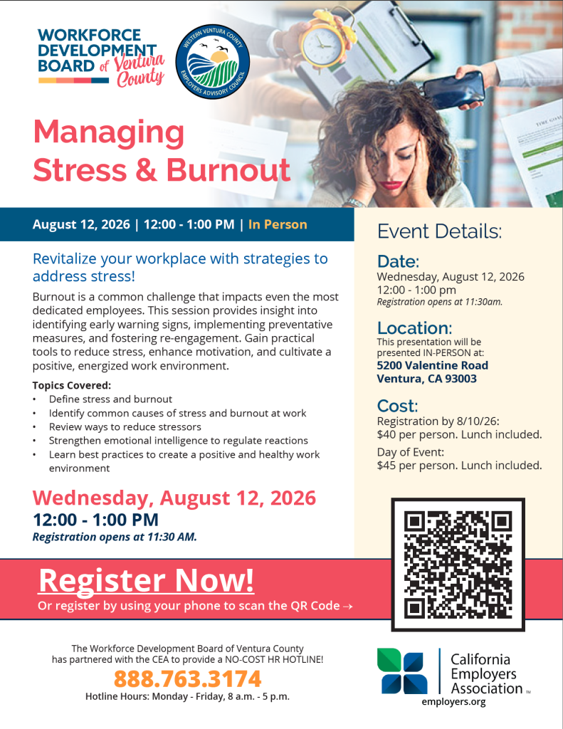 Event flyer for an in-person workshop titled 'Managing Stress & Burnout' with logos and date August 12, 2026 on a blue banner; includes details and QR code area in a beige panel.